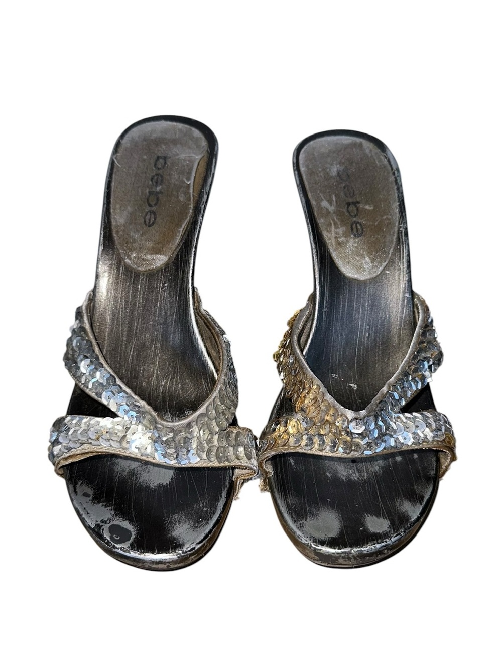 bebe Silver Sequin Slide Mules with Black Footbed